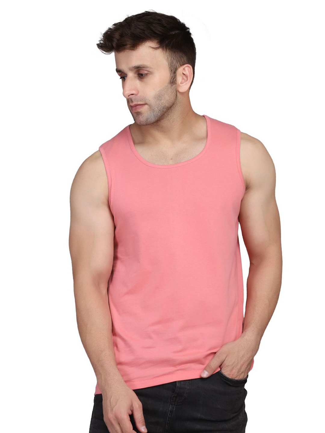 

WOOSTRO Men Solid Round Neck Cotton Slim Fit T-shirt, Peach