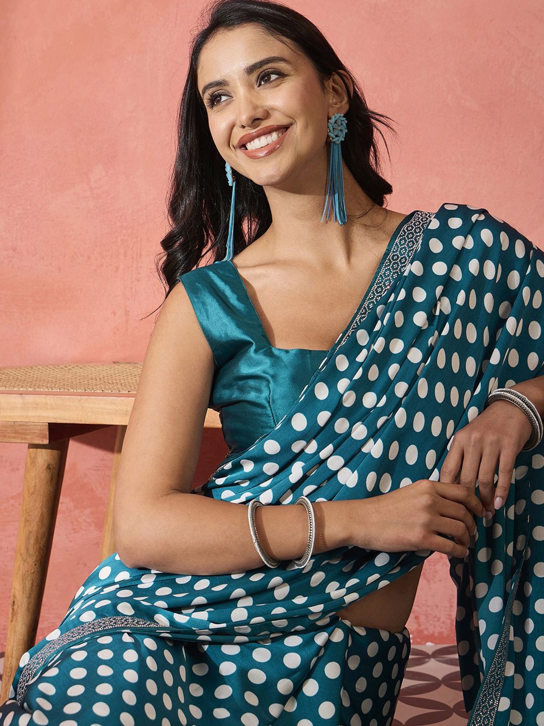 

Sangria Polka dot printed Embellished Party Wear Saree With Unstitched Blouse, Blue