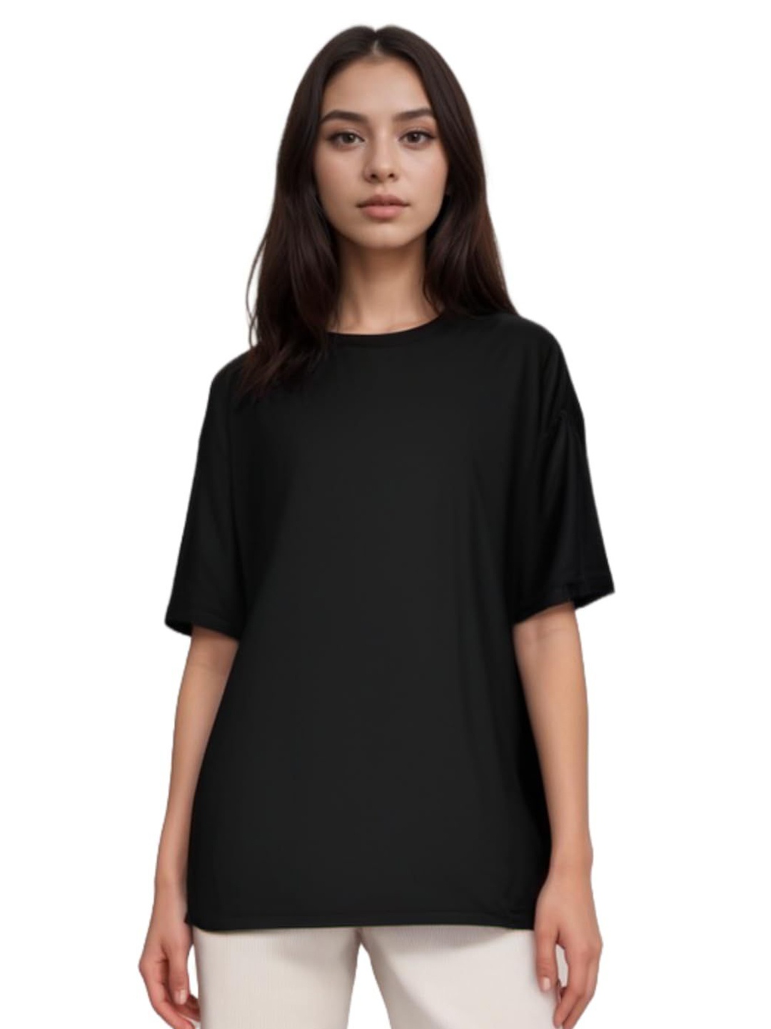 

NOTWILD Women Solid Round Neck Cotton Oversized T-shirt, Black