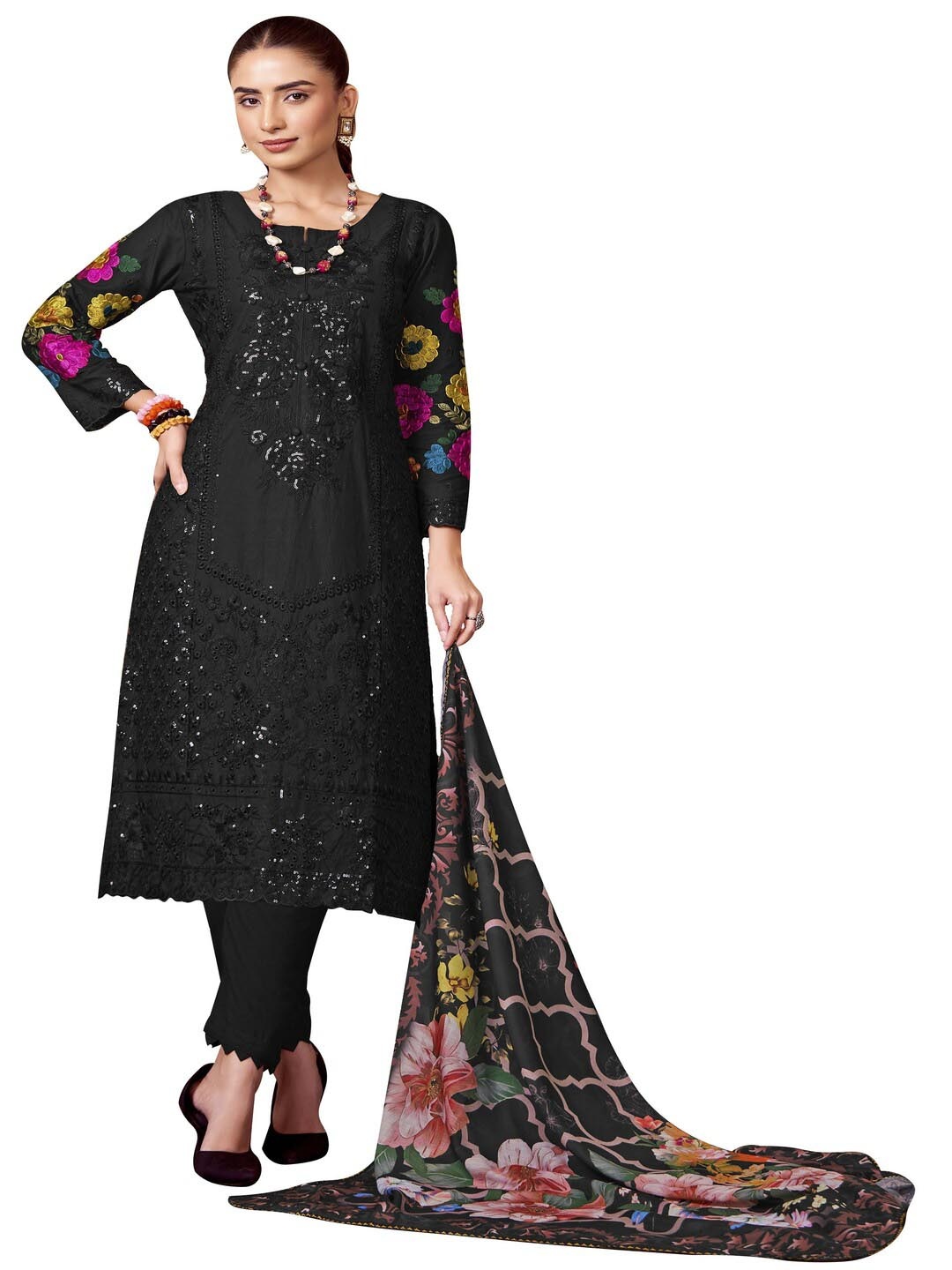 

DRAVINAM Floral Embroidered Sequinned Pure Cotton Unstitched Dress Material, Black