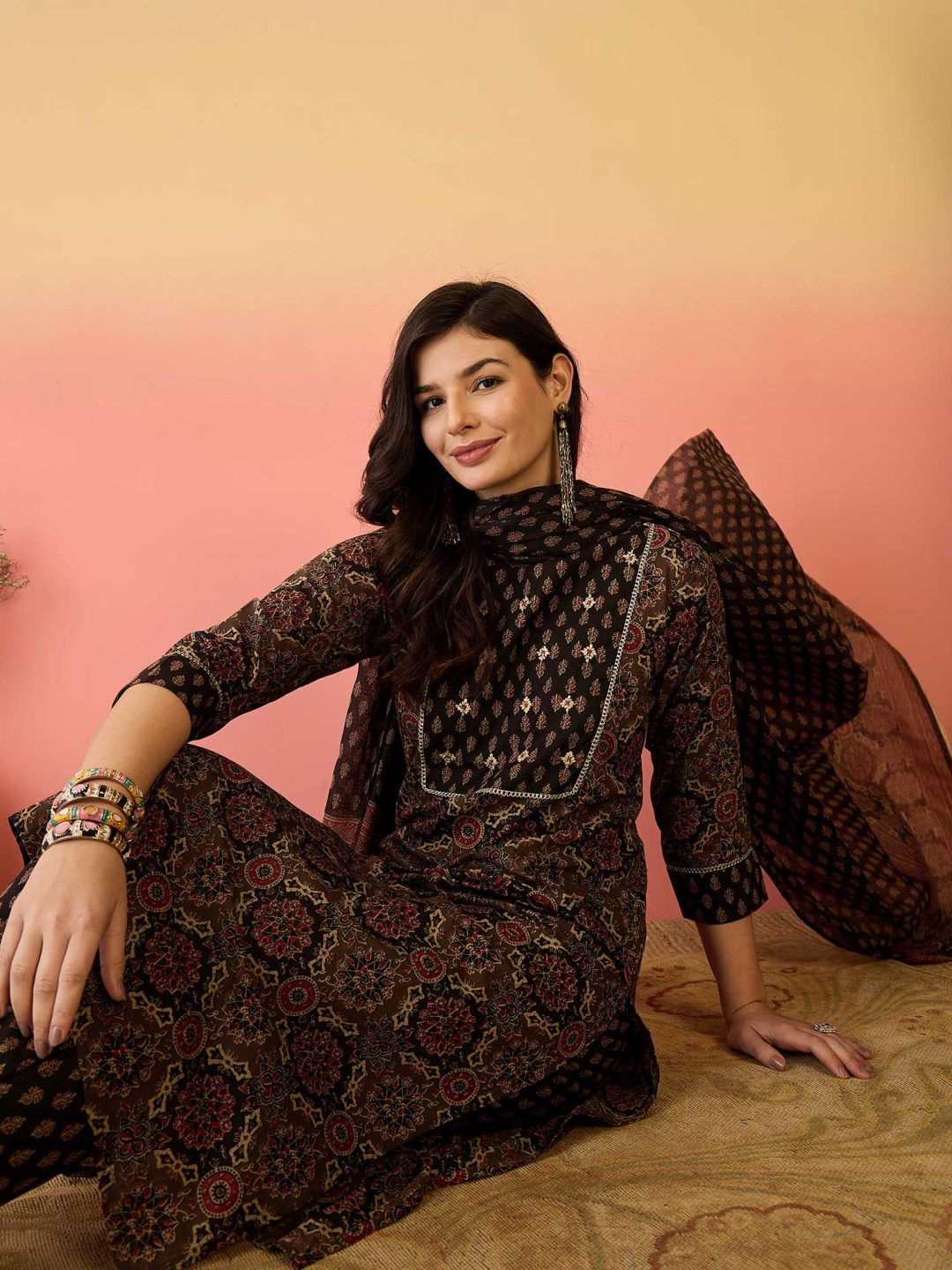 

Sangria Printed Pure Cotton Round Neck Kurta With Trousers & Dupatta, Brown