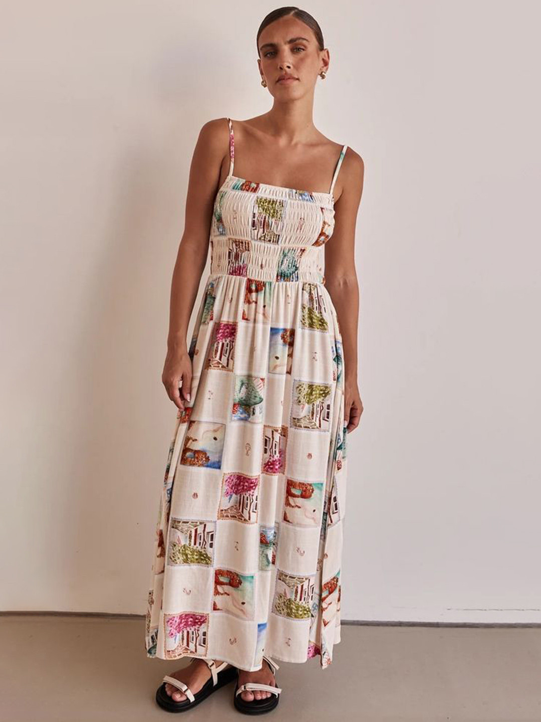 

LULU & SKY Printed Smocked Maxi Dress, White