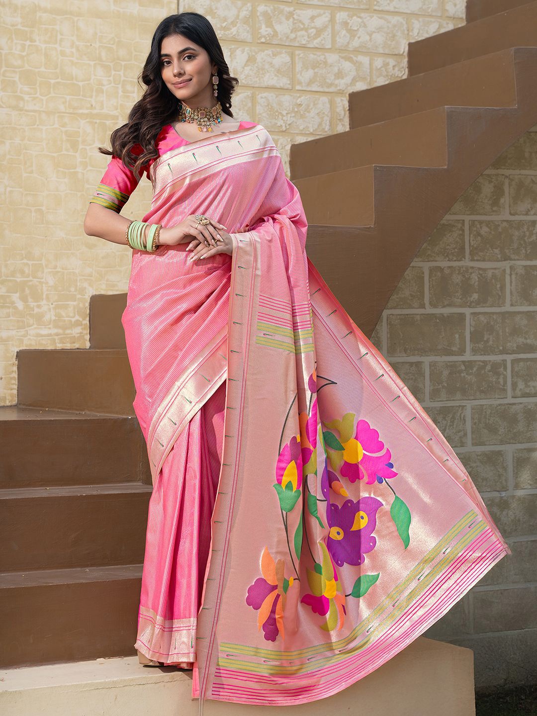 

Satrani Ethnic Motifs Zari Paithani Saree, Pink
