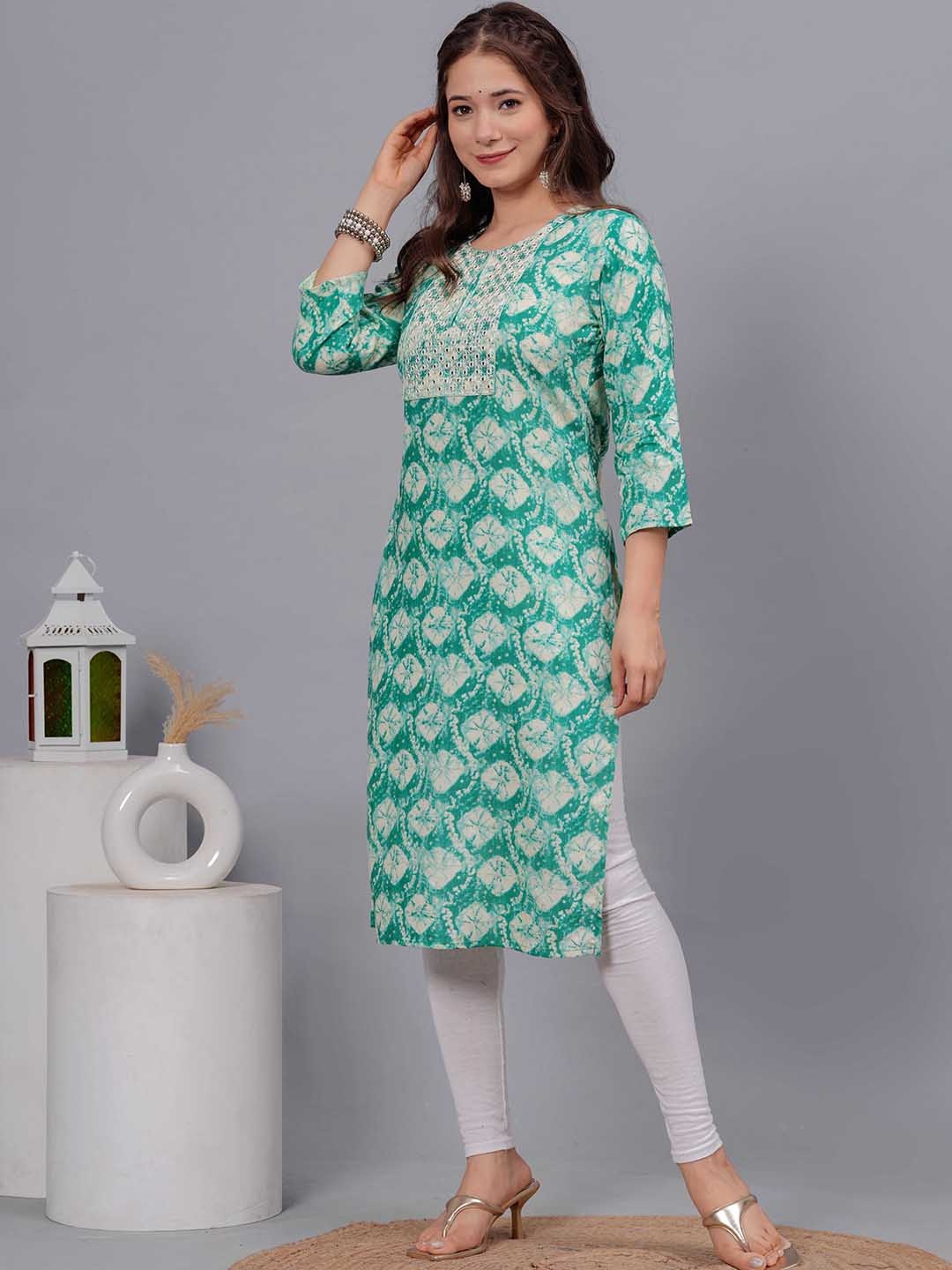 

BKApparels Women Ethnic Motifs Printed Thread Work Kurta, Green