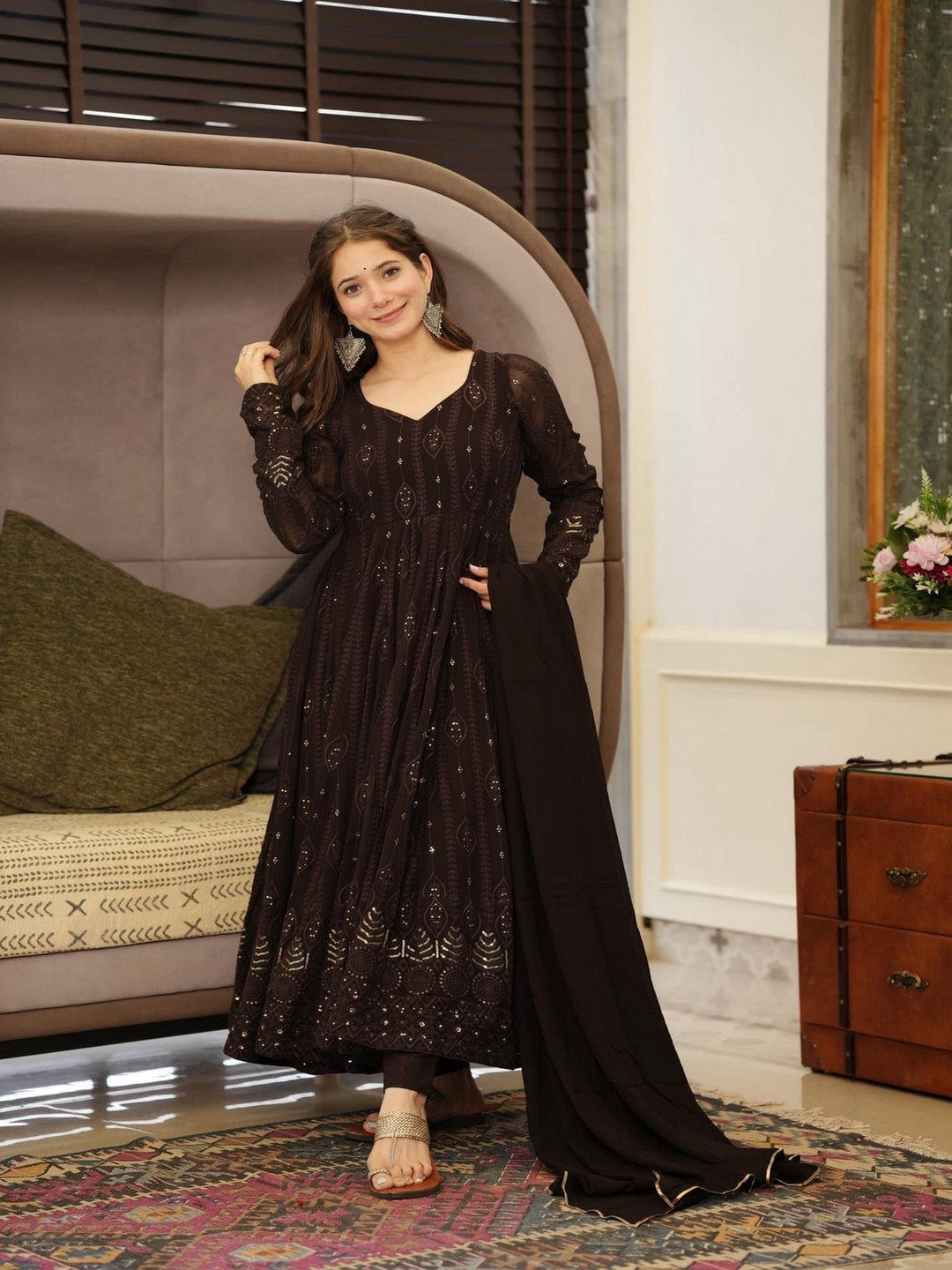 

mimi design Floral Embroidered Silk Georgette Anarkali Kurta With Trousers & Dupatta, Black