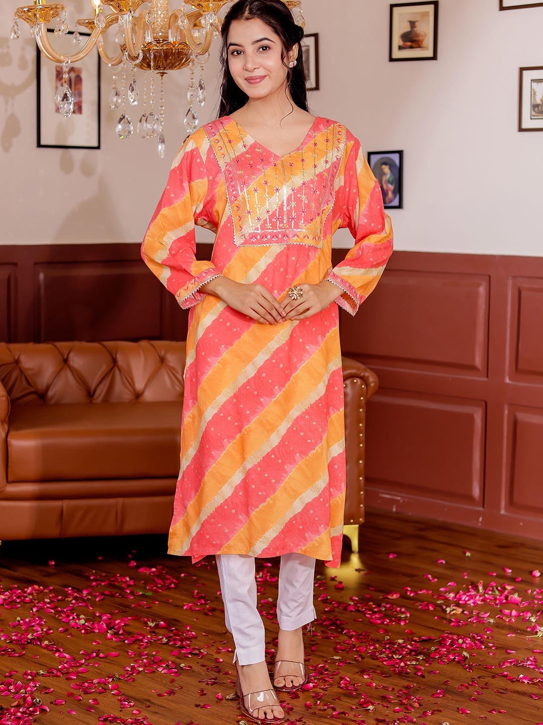 

Chandbaali Leheriya Printed Embellished V-Neck Straight Kurta, Pink