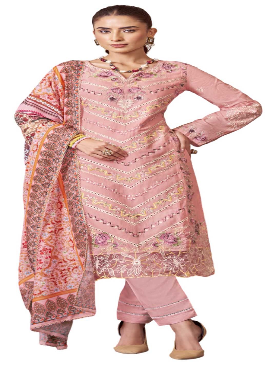 

DRAVINAM Floral Embroidered Pure Cotton Unstitched Dress Material, Peach