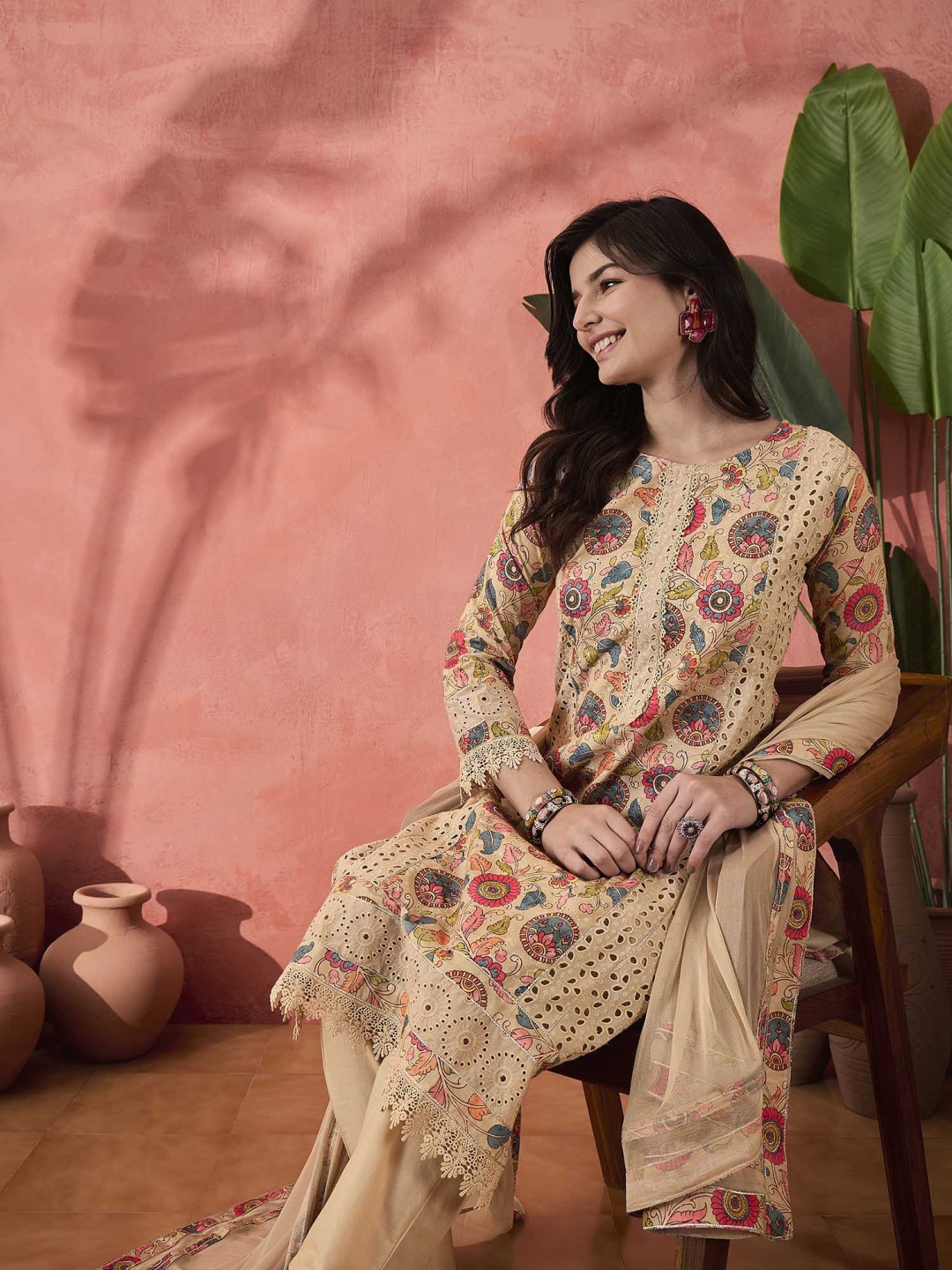 

Sangria Cream Floral Printed Round Neck Straight Pure Cotton Kurta With Trousers & Dupatta