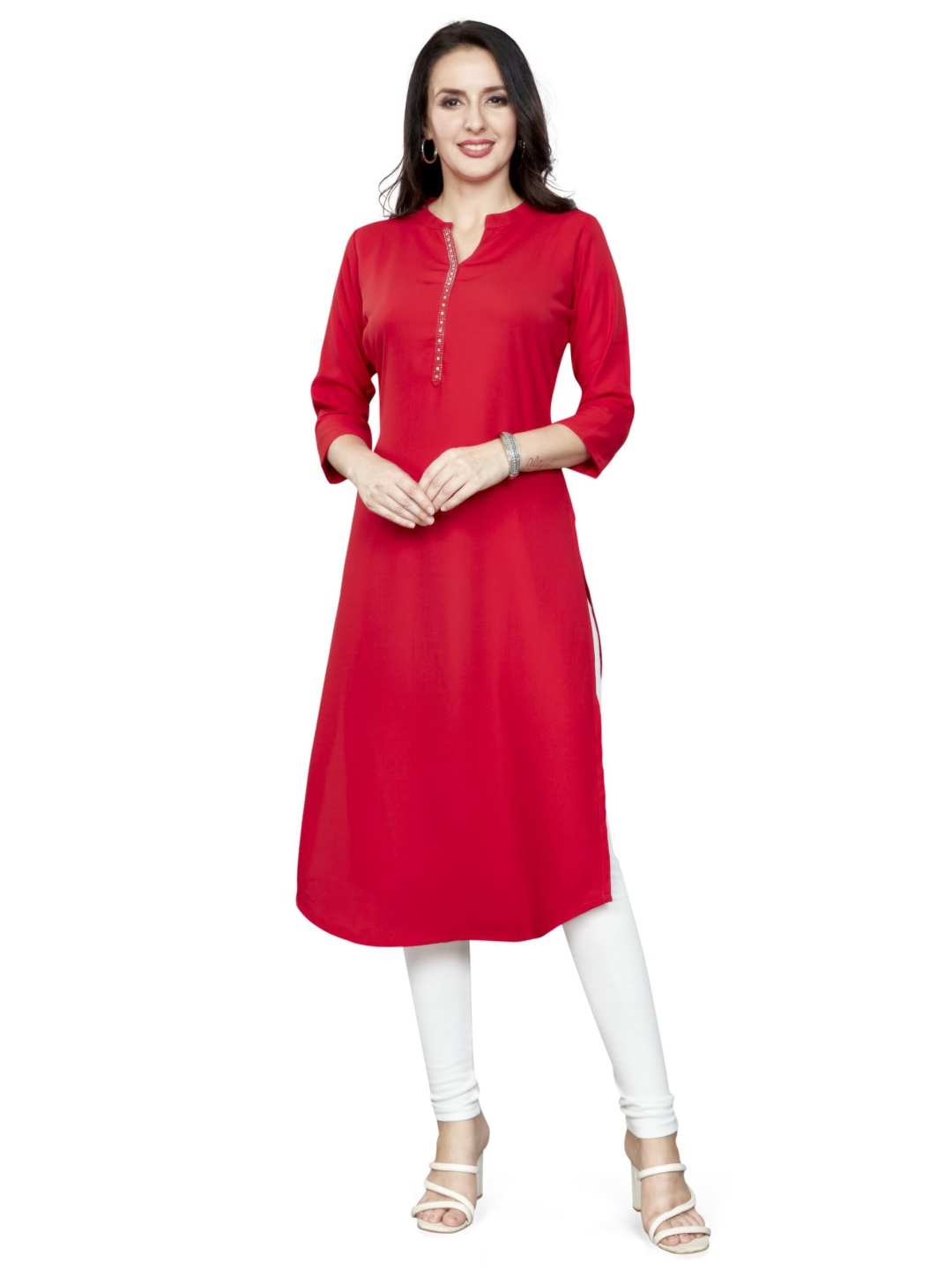 

Nioni Swarovski Mandarin Collar Dobby Linen Straight Kurta, Red