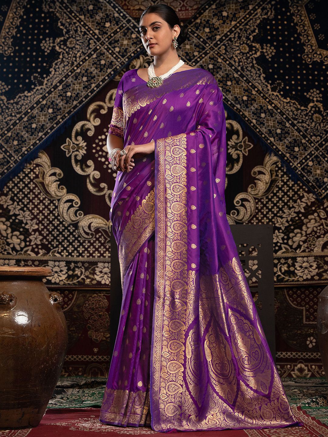 

Satrani Ethnic Motifs Zari Pure Silk Banarasi Saree, Purple