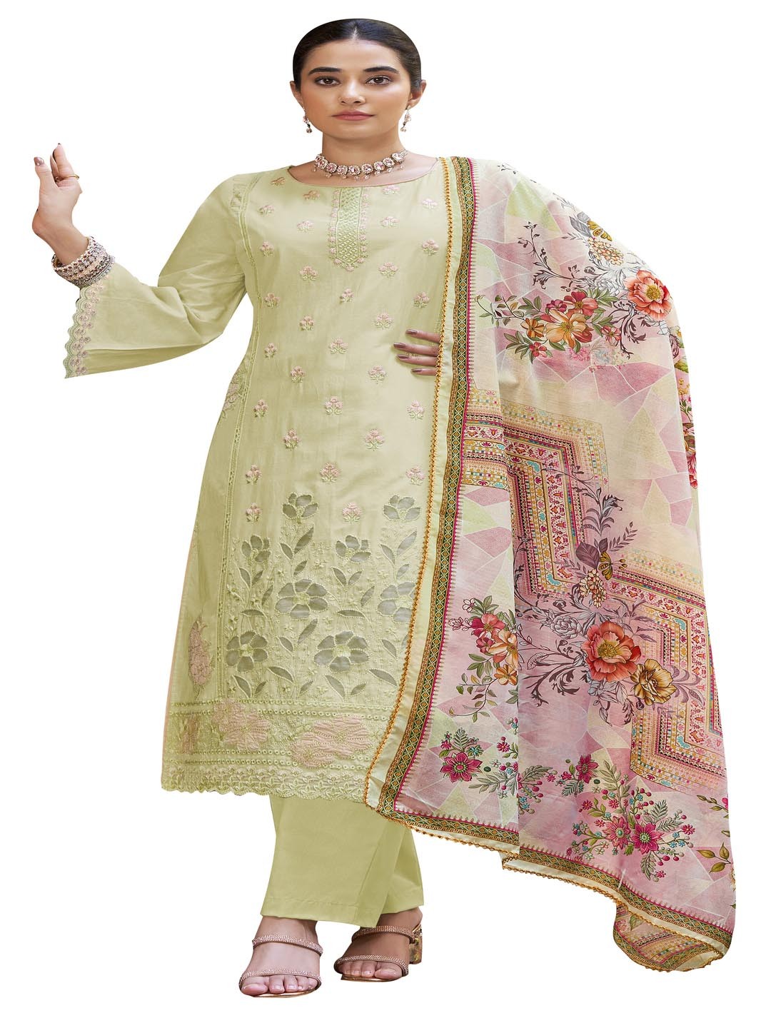 

DRAVINAM Trends Floral Embroidered Pure Cotton Unstitched Dress Material, Yellow