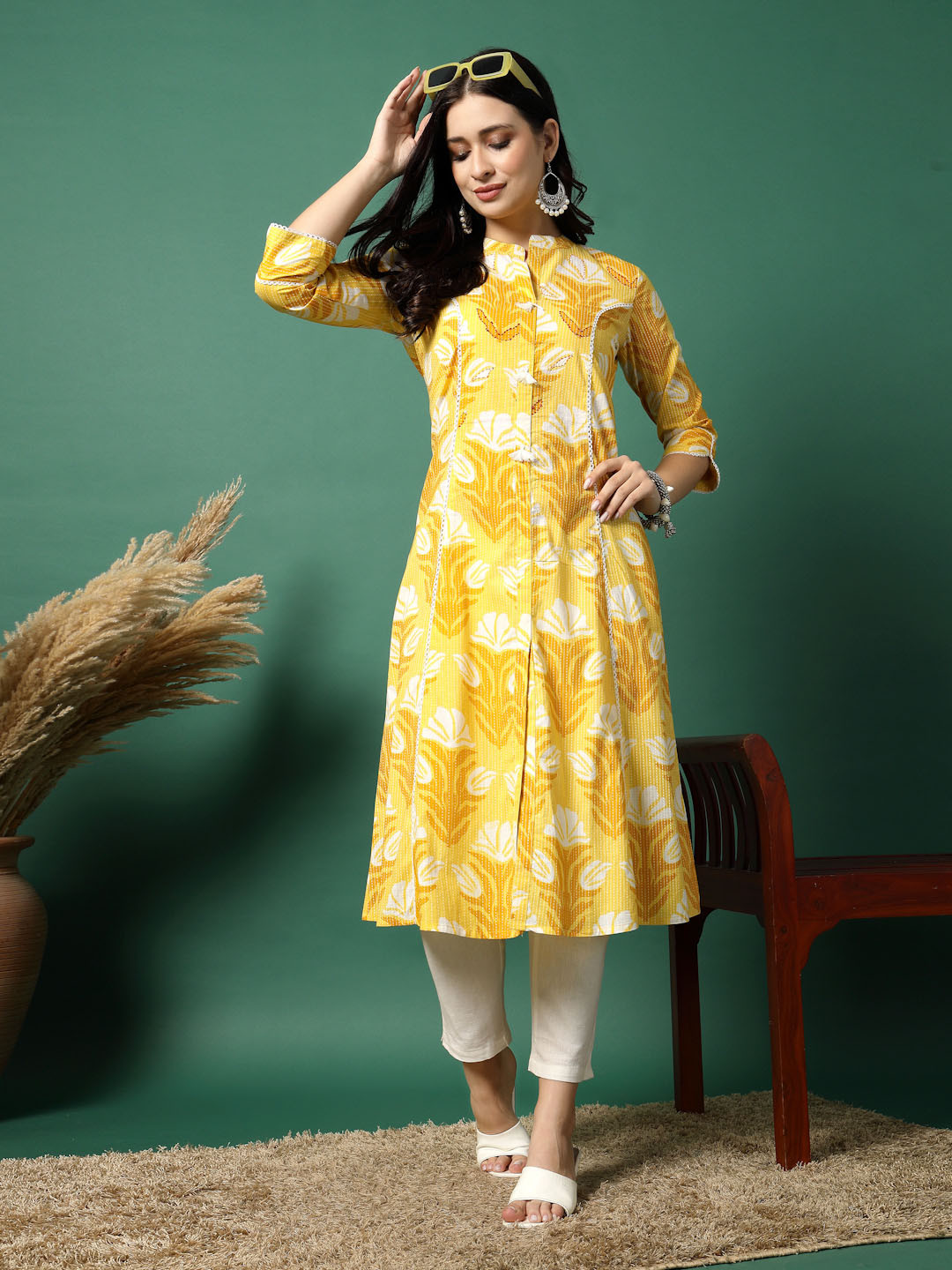 

Ramas Floral Printed Mandarin Collar Pure Cotton A-Line Kurtas, Yellow