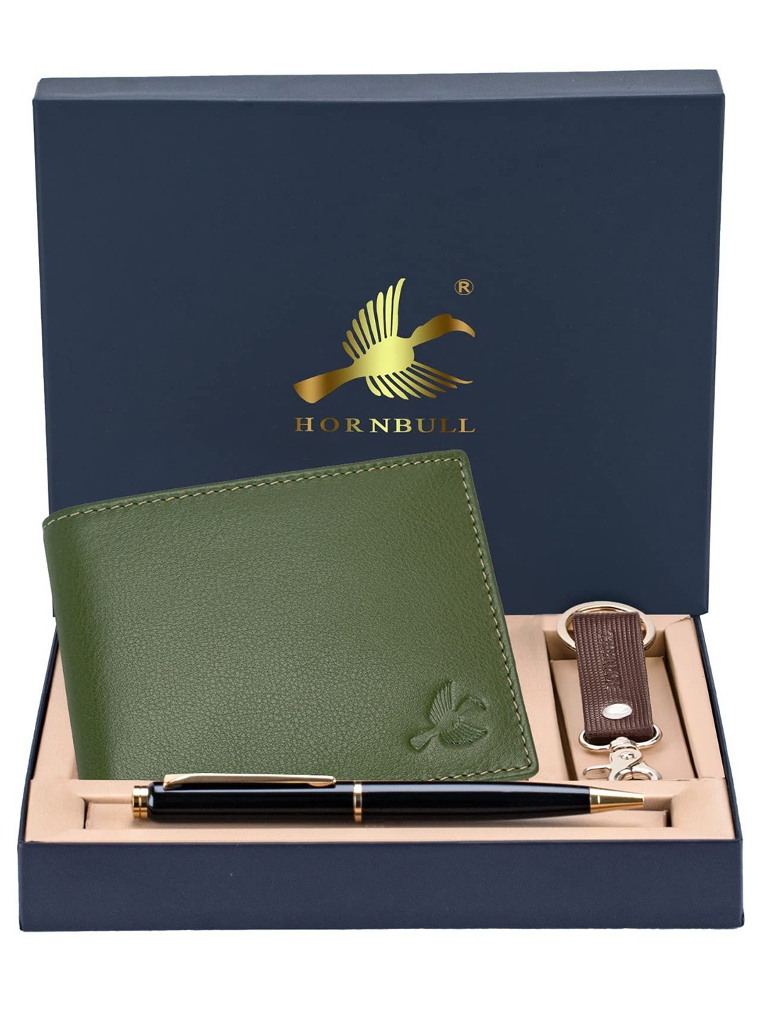 

Hornbull Men Maddison Green Leather Wallet, Keyring & Pen Combo Accessory Gift Set