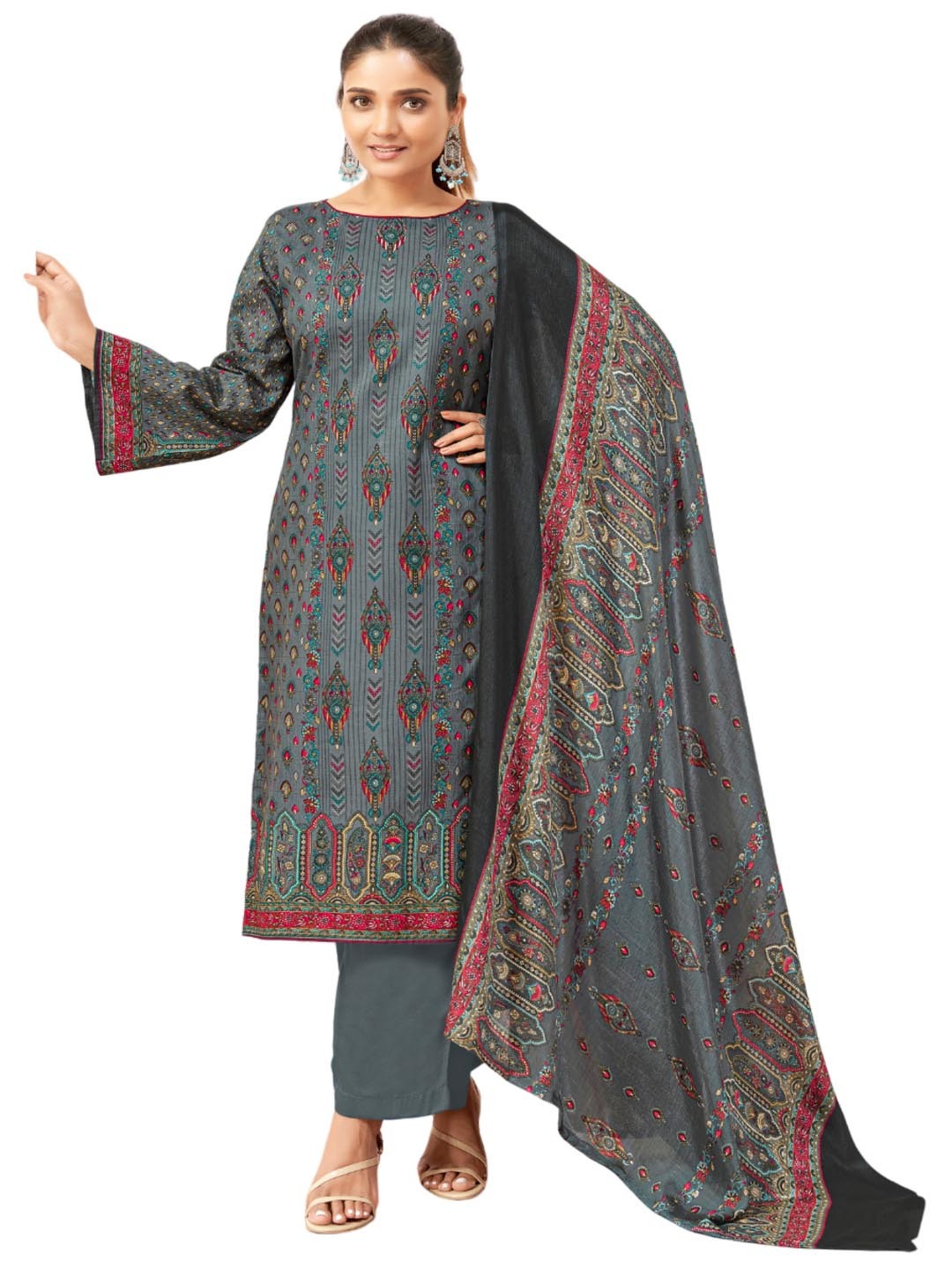 

DRAVINAM Ethnic Motifs Printed Pure Cotton Unstitched Dress Material, Grey