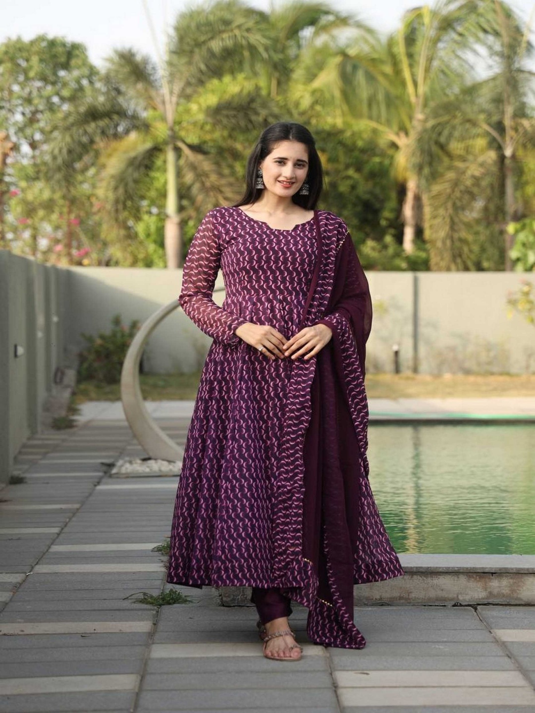 

mimi design Geometric Printed Empire Anarkali Kurta With Trouser & Dupatta, Purple