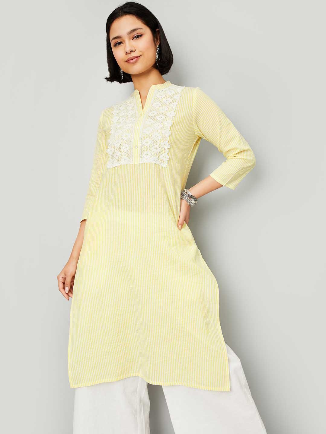 

max Women Striped Thread Work Mandarin Collar Pure Cotton A-Line Kurta, Yellow