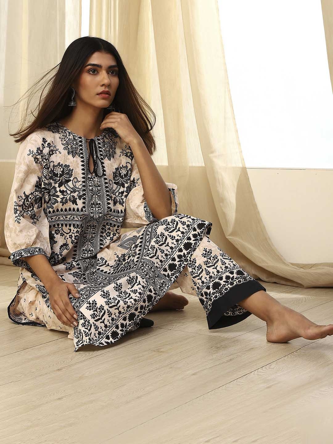 

Biba Women Floral Printed Regular Pure Cotton Kurta with Palazzos, White