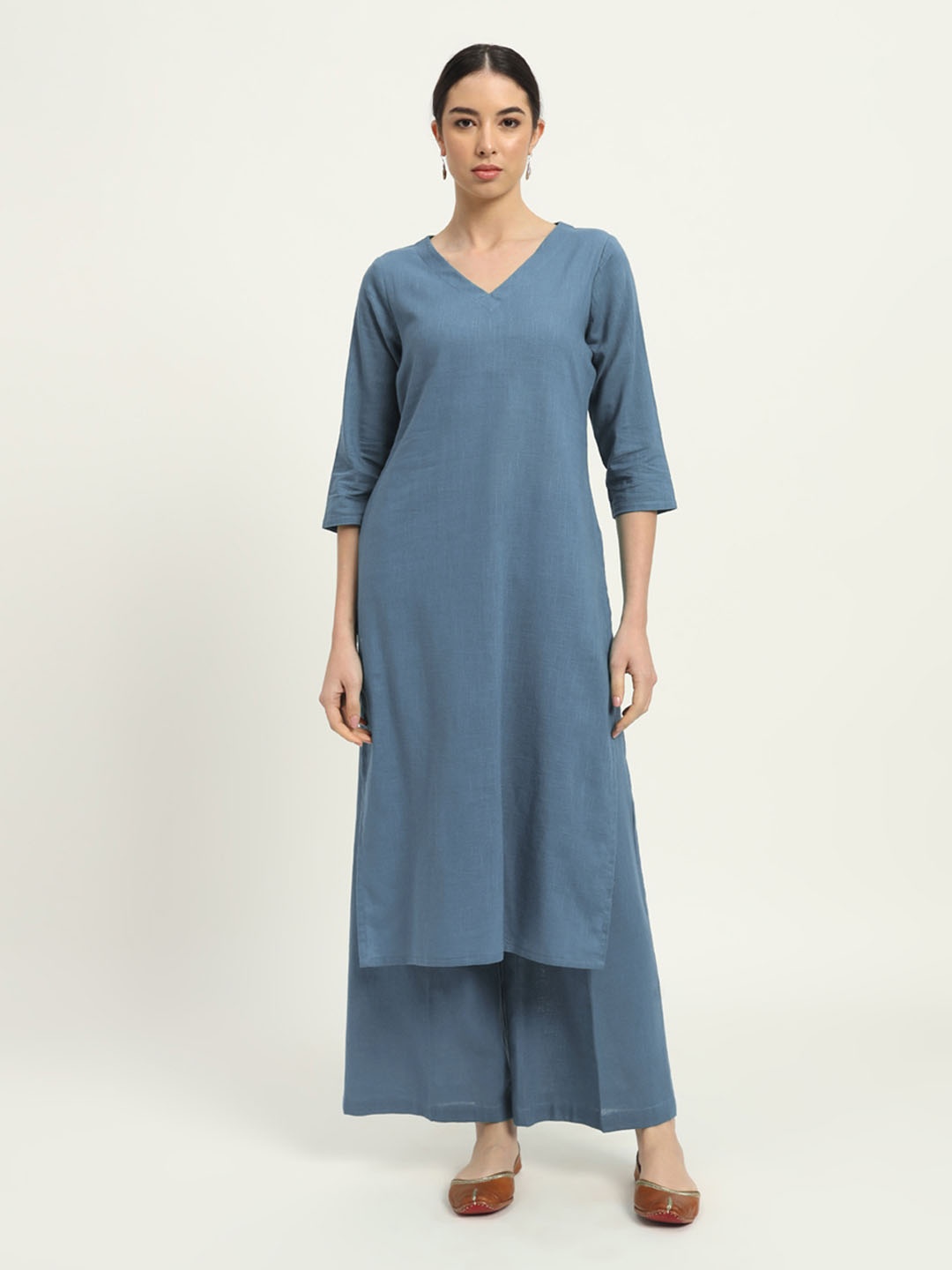 

Thevasa V-Neck Straight Pure Cotton Tunic And Palazzo, Blue