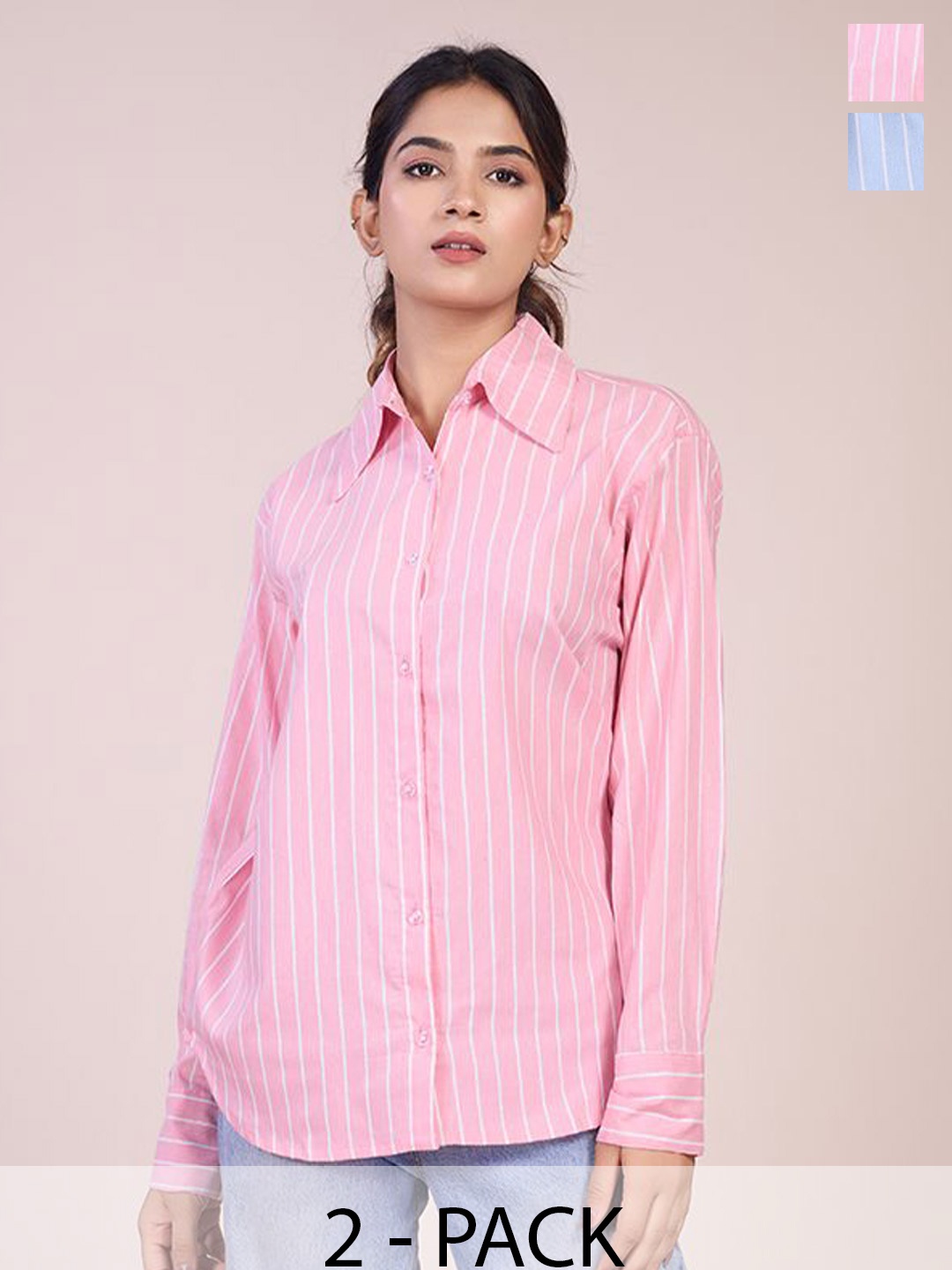 

HOUSE OF MIRA Women Pack Of 2 Classic Oversized Fit Vertical Striped Cotton Casual Shirts, Pink