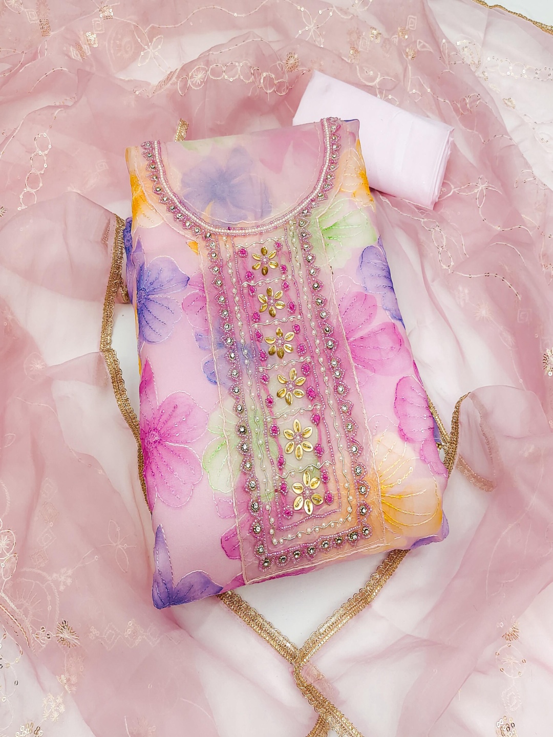 

HERE&NOW Embellished Organza Unstitched Dress Material, Pink