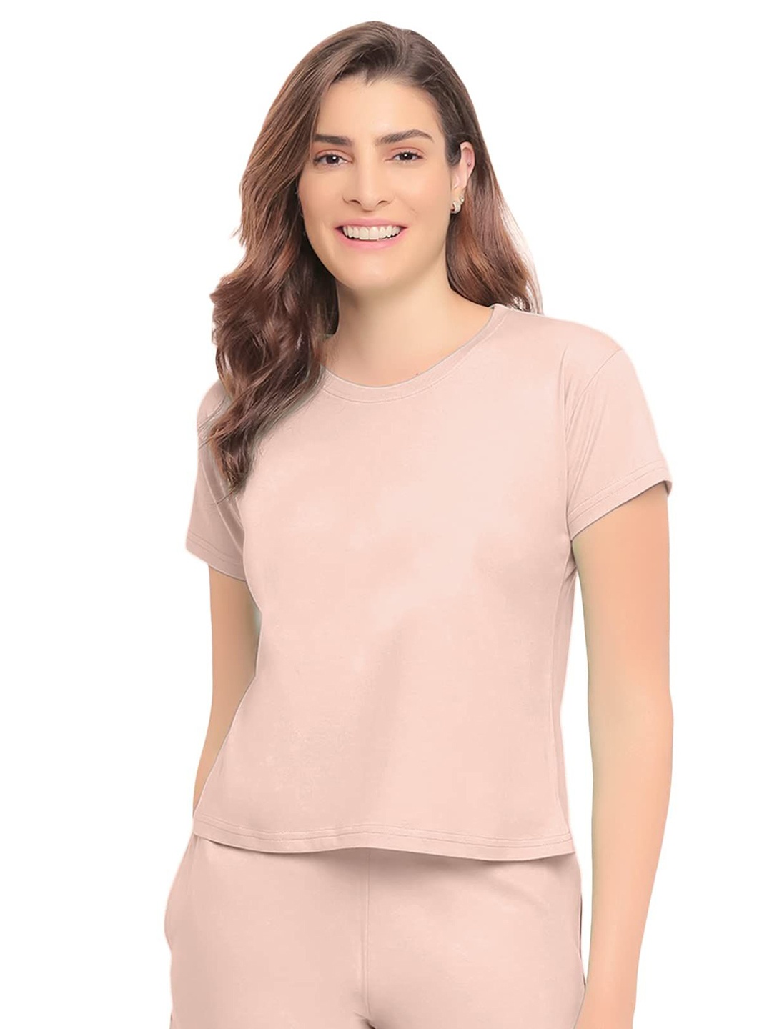 

NOTWILD Women Solid Cotton Crop T-shirt With Short, Peach