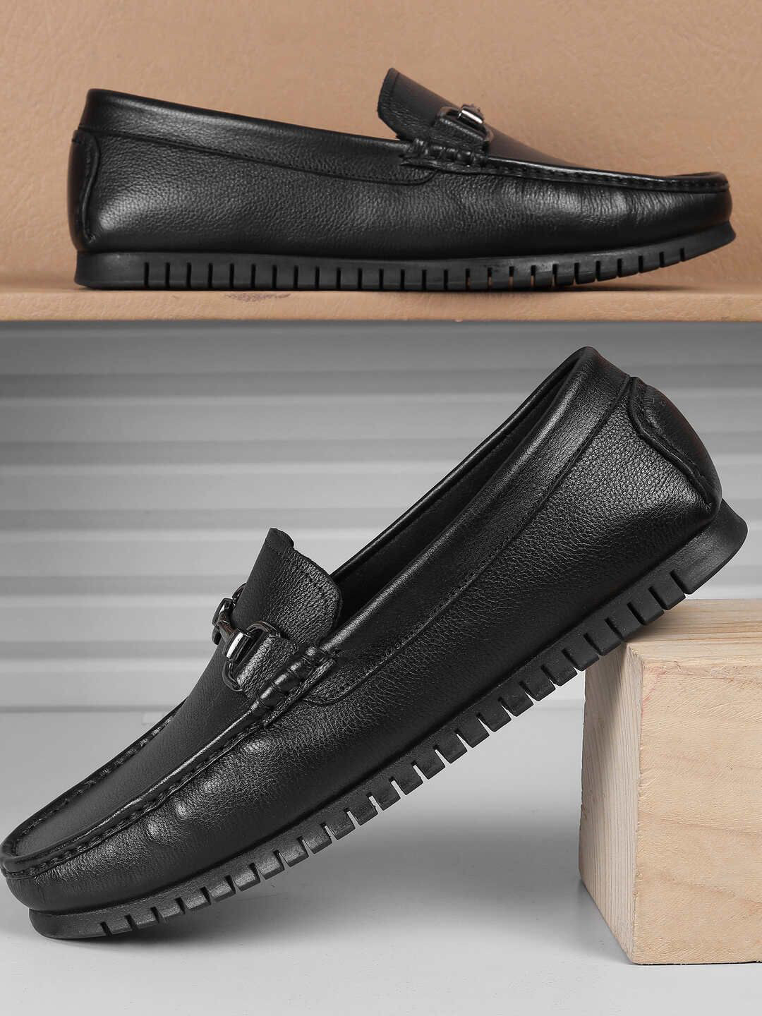 

Mochi Men Round Toe Slip-On Leather Loafers, Black