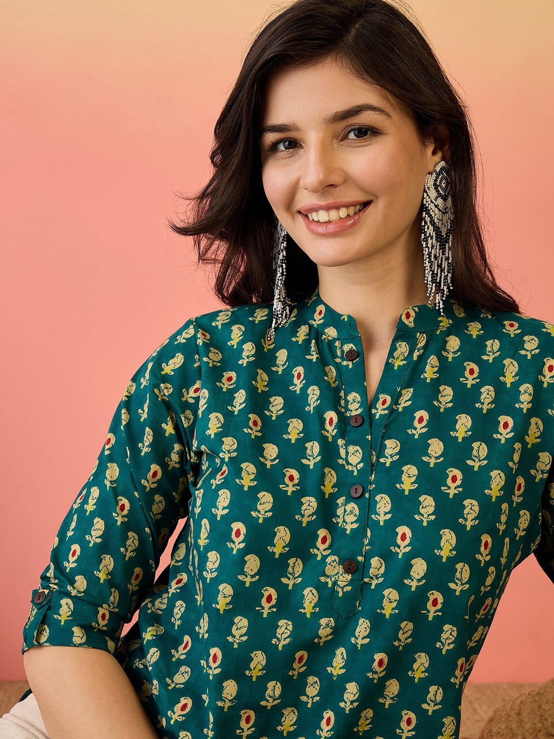 

Sangria Women Printed Pure Cotton Top, Green