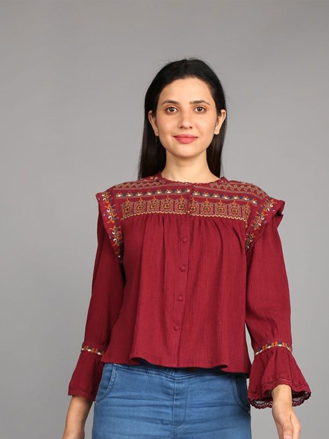 

STIL O STITCH Embroidered Bell Sleeves Cotton Top, Maroon
