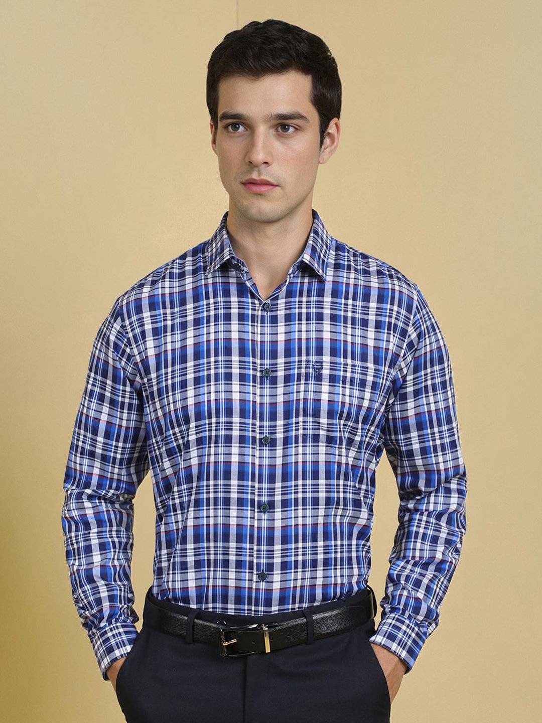 

Allen Solly Men Slim Fit Spread Collar Tartan Checked Cotton Formal Shirt, Blue