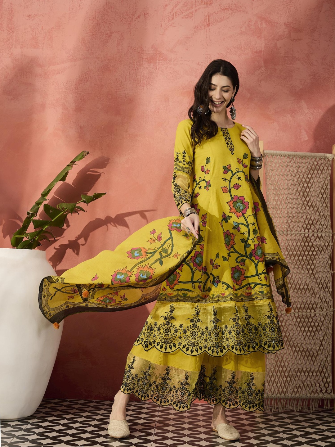 

Ramas Floral Printed Sequinned Pure Cotton Anarkali Kurta With Palazzos & Dupatta, Yellow