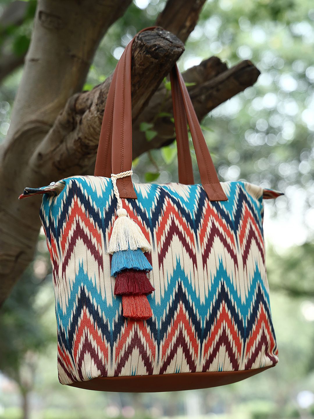 

Anekaant Geometric Ikat Printed Tasselled Shopper Tote Bag, Cream