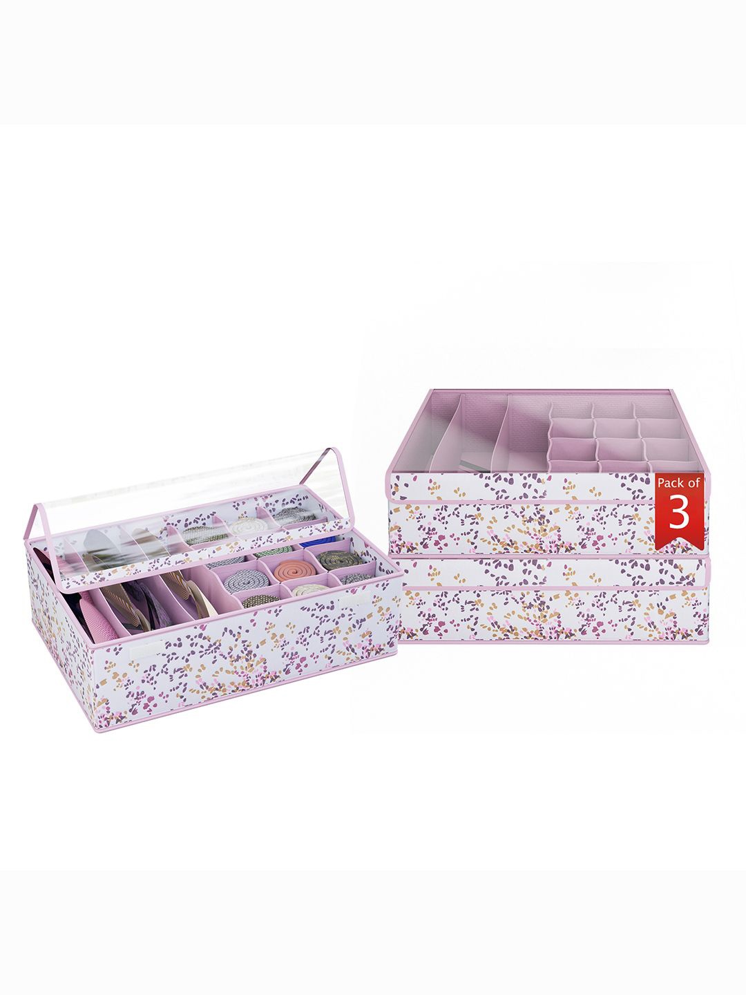 

Kuber Industries Pink & White Set of 3 Printed Reusable Drawer Organisers