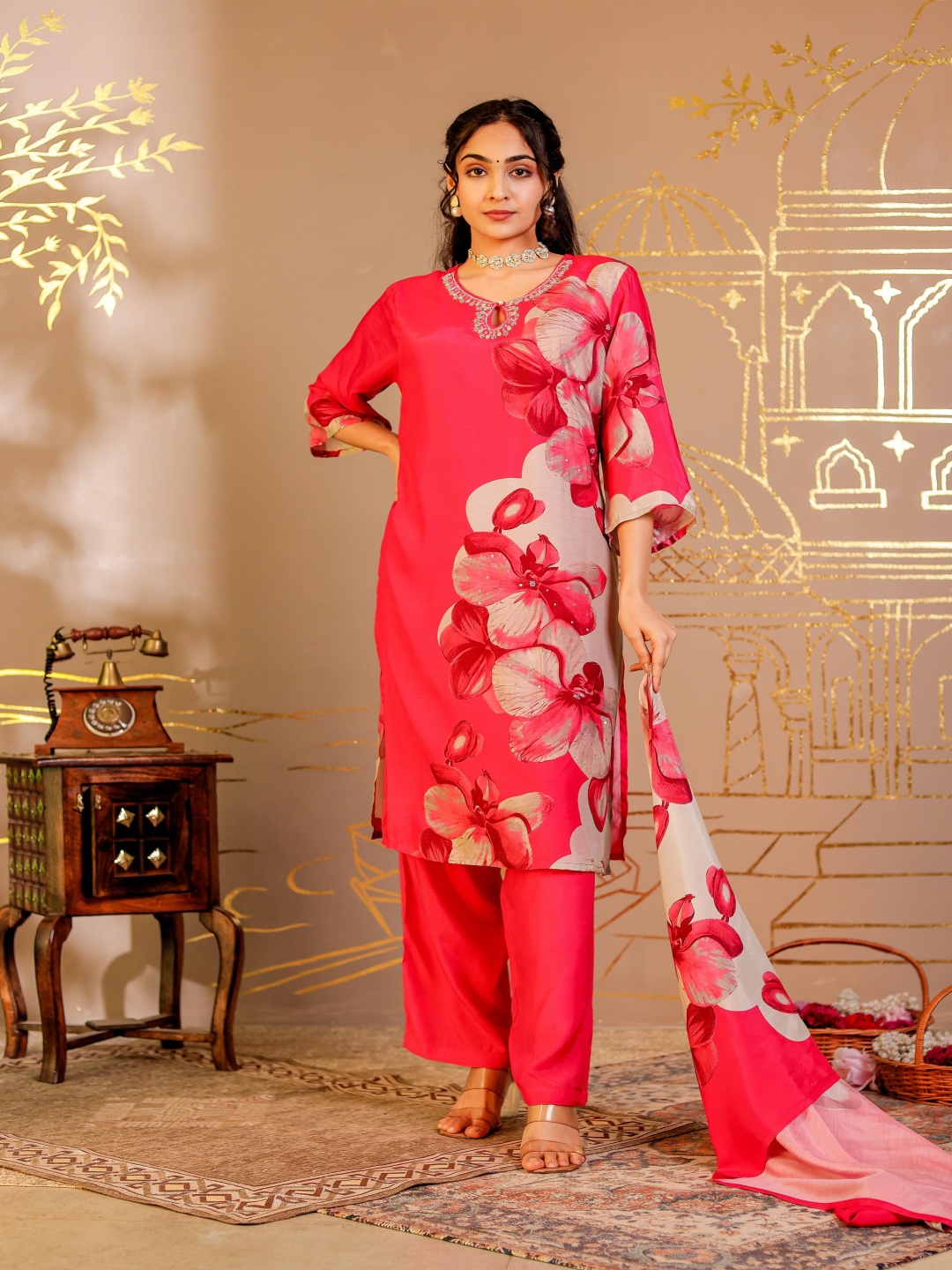 

Chandbaali Women Floral Printed Regular Beads and Stones Kurta with Trousers & With Dupatta, Fuchsia