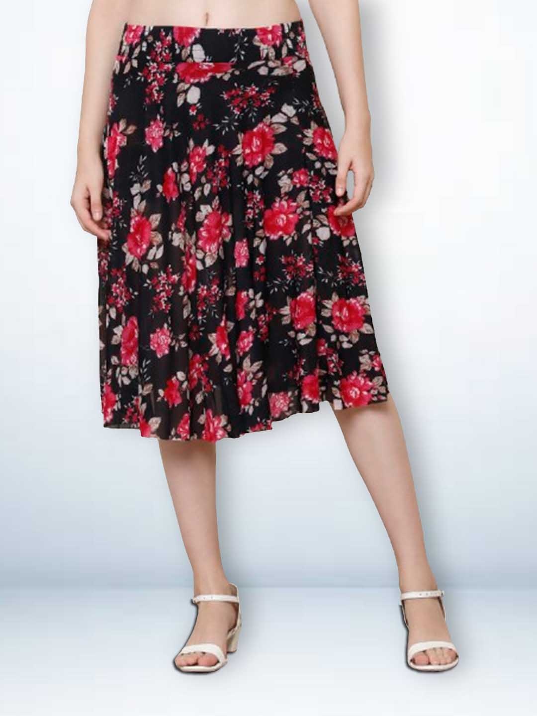 

Jinfo Women Floral Printed Knee Length Flared Skirt With Attached Shorts, Black