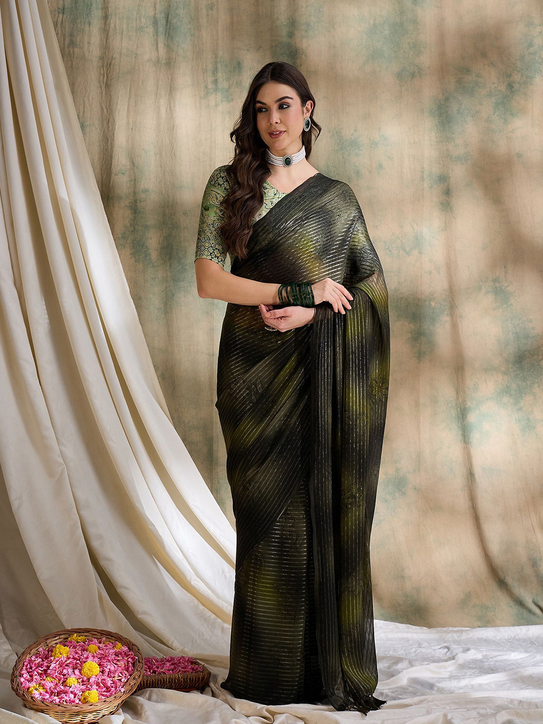 

MANVAA Striped Patchwork Poly Chiffon Saree, Green
