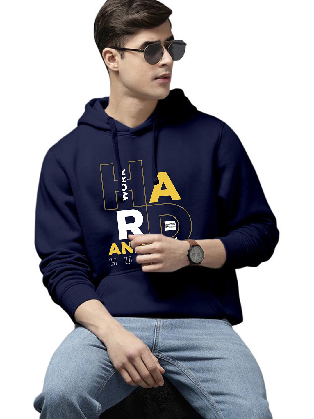 

WOOSTRO Men Printed Hooded Pullover Sweatshirt, Navy blue