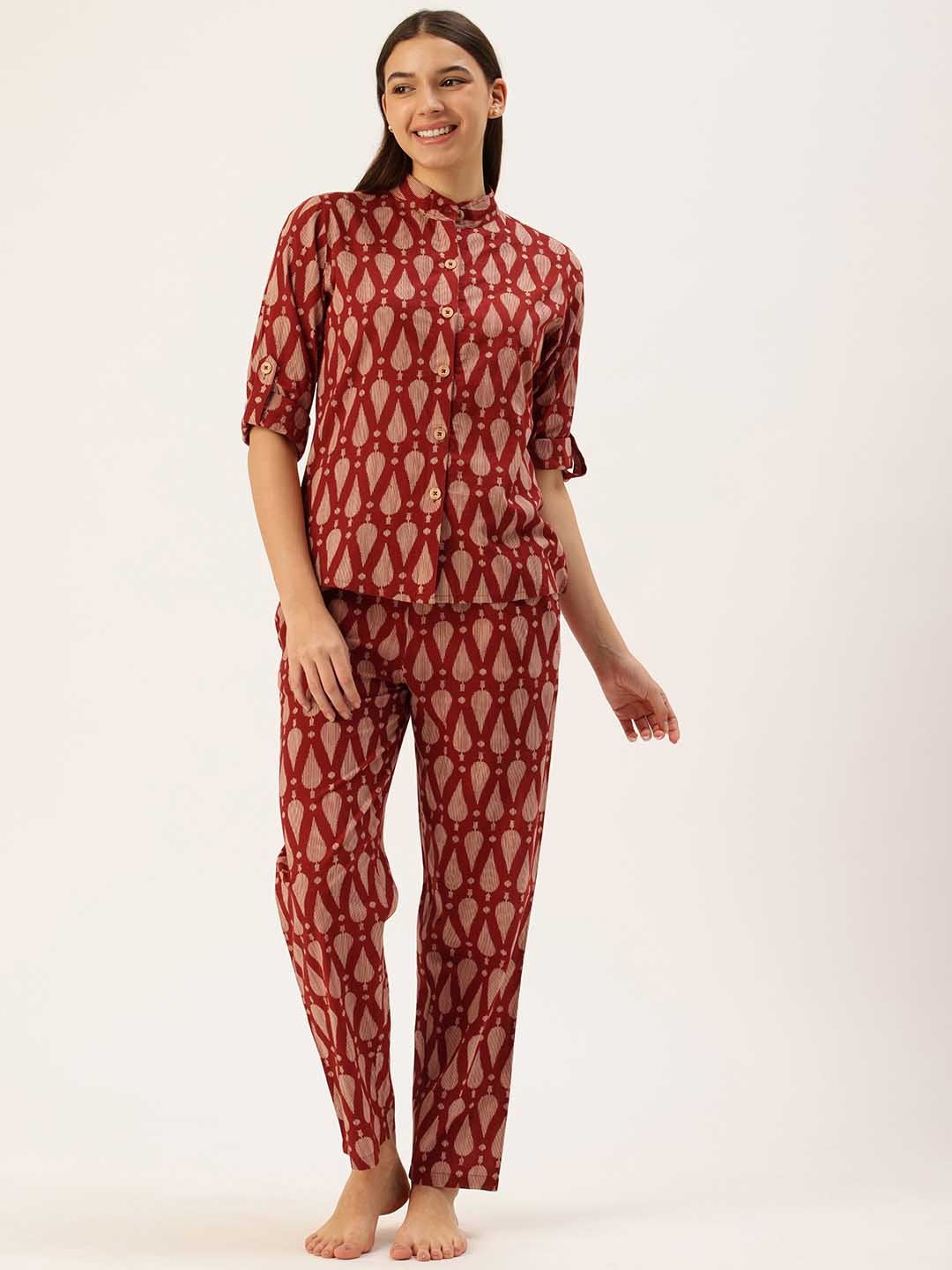 

Clt.s Women Ethnic Motifs Printed Pure Cotton Night suit, Maroon