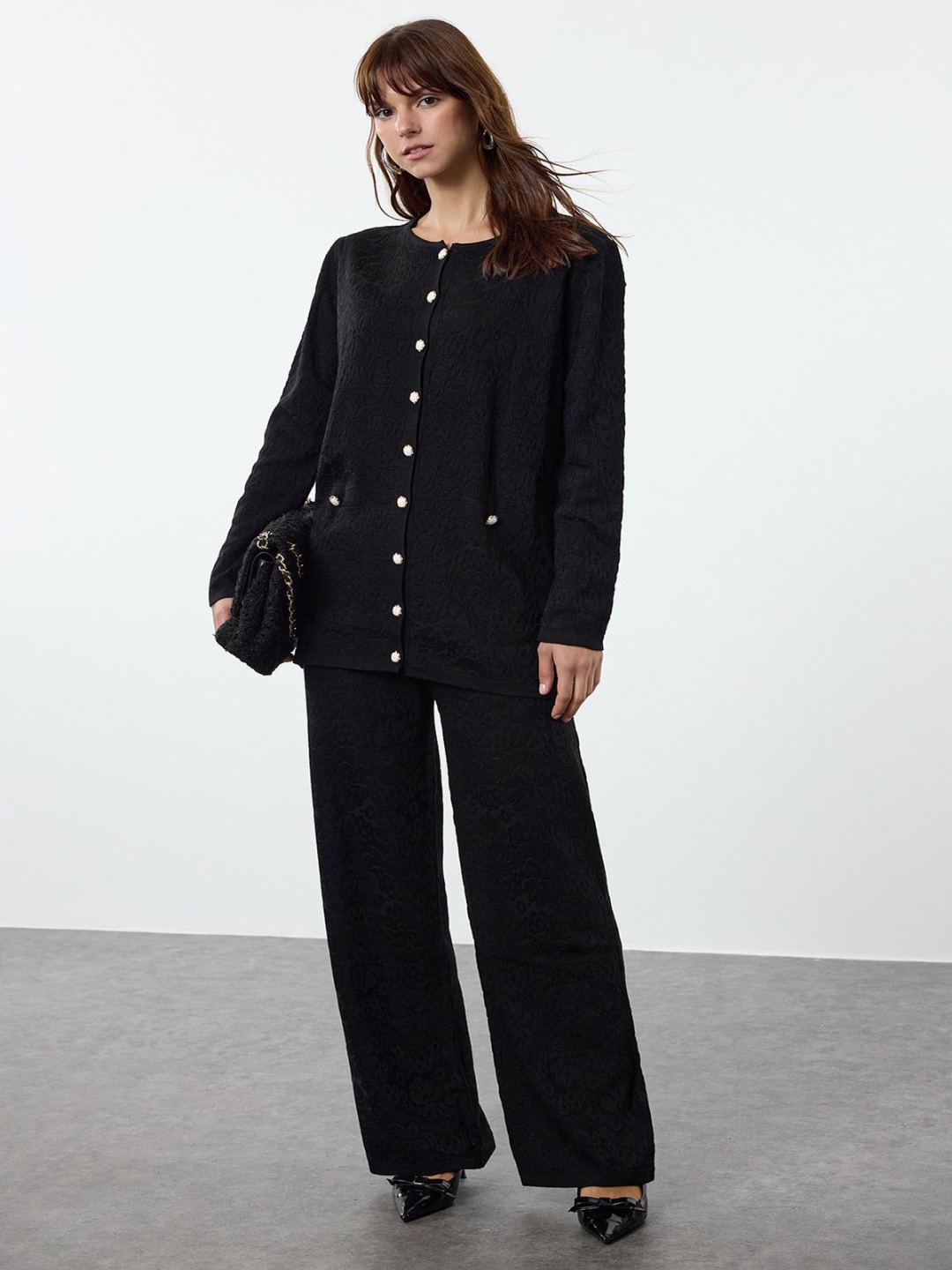 

Trendyol Floral Self Design Round Neck Shirt Sweater And Trousers, Black