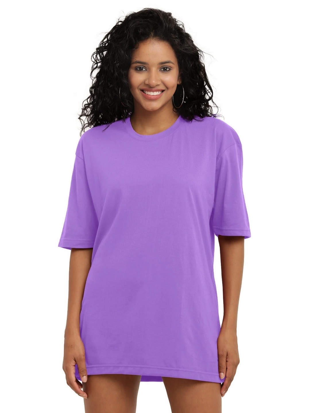 

NOTWILD Women Solid Round Neck Cotton Oversized T-shirt, Lavender