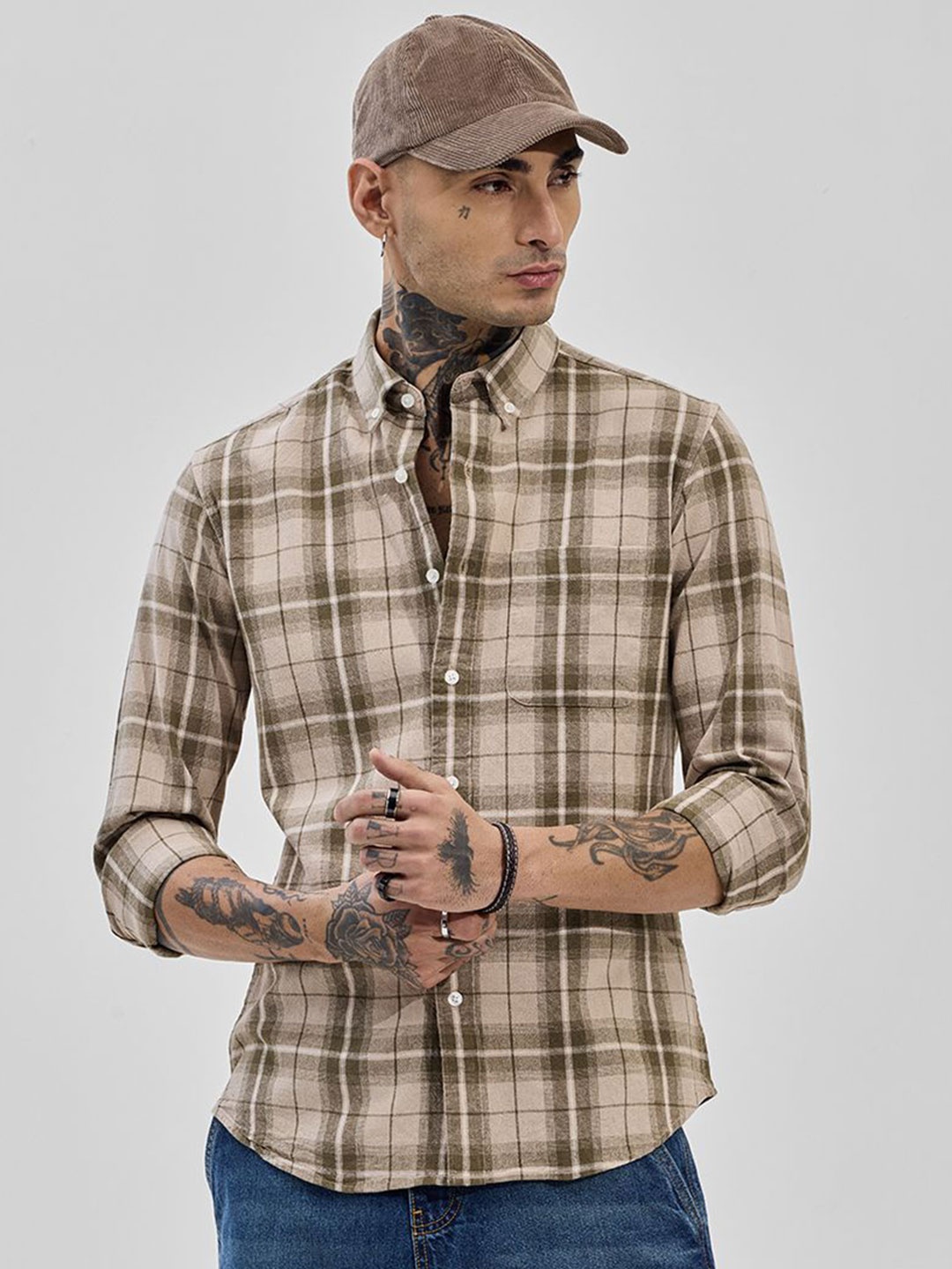 

Snitch Men Slim Fit Opaque Checked Formal Shirt, Beige