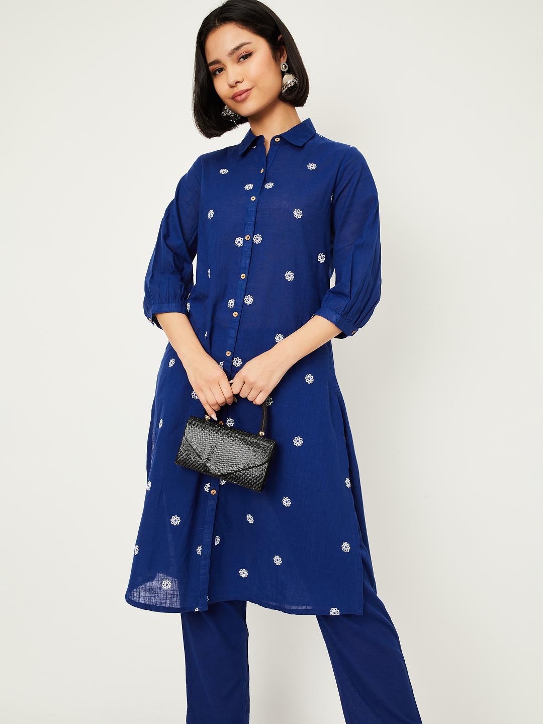 

max Floral Printed Shirt Collar A-Line Kurta With Trousers, Blue