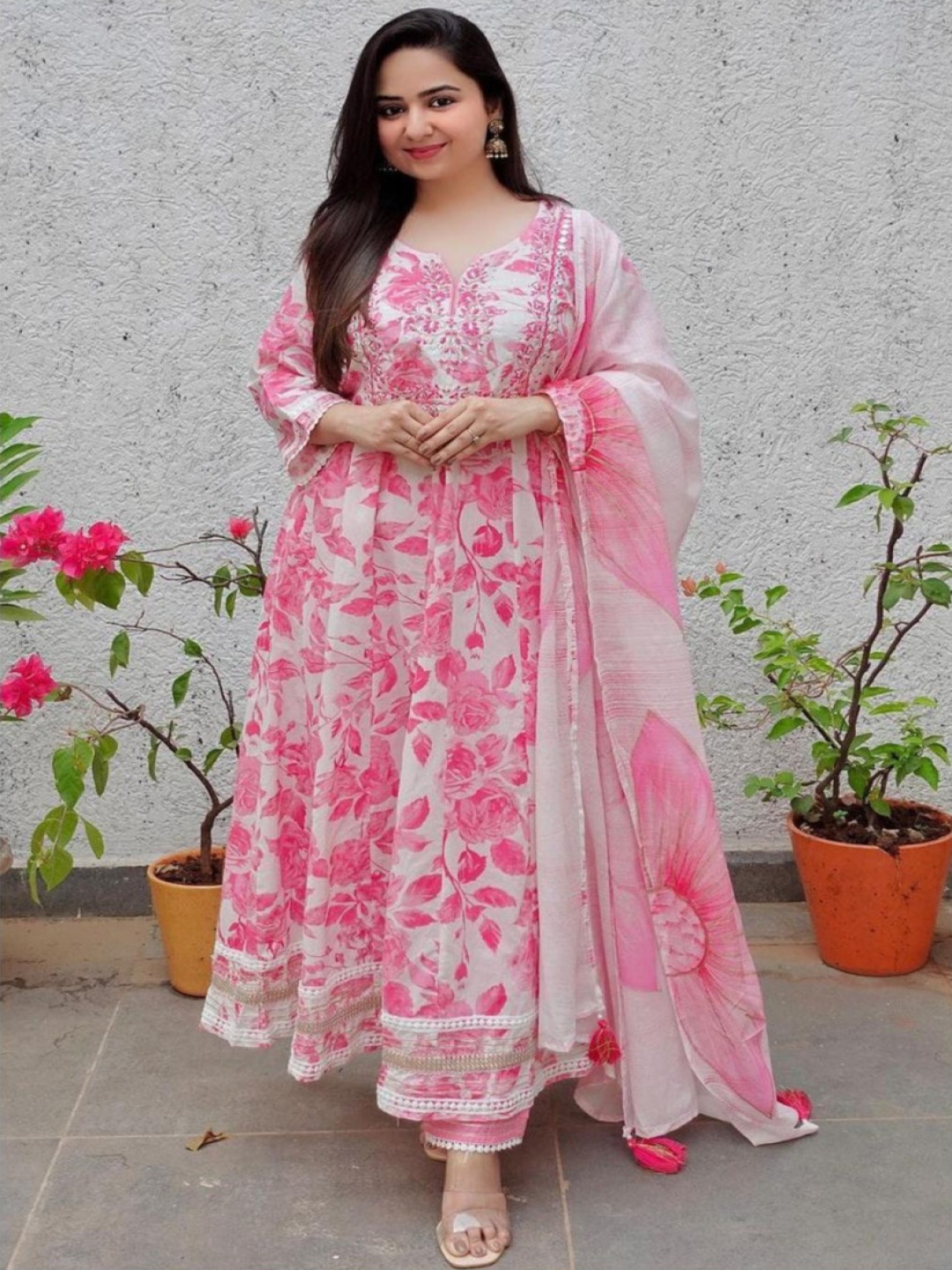 

ClothAura Floral Printed Thread Work Anarkali Kurta With Trousers & Dupatta, Pink