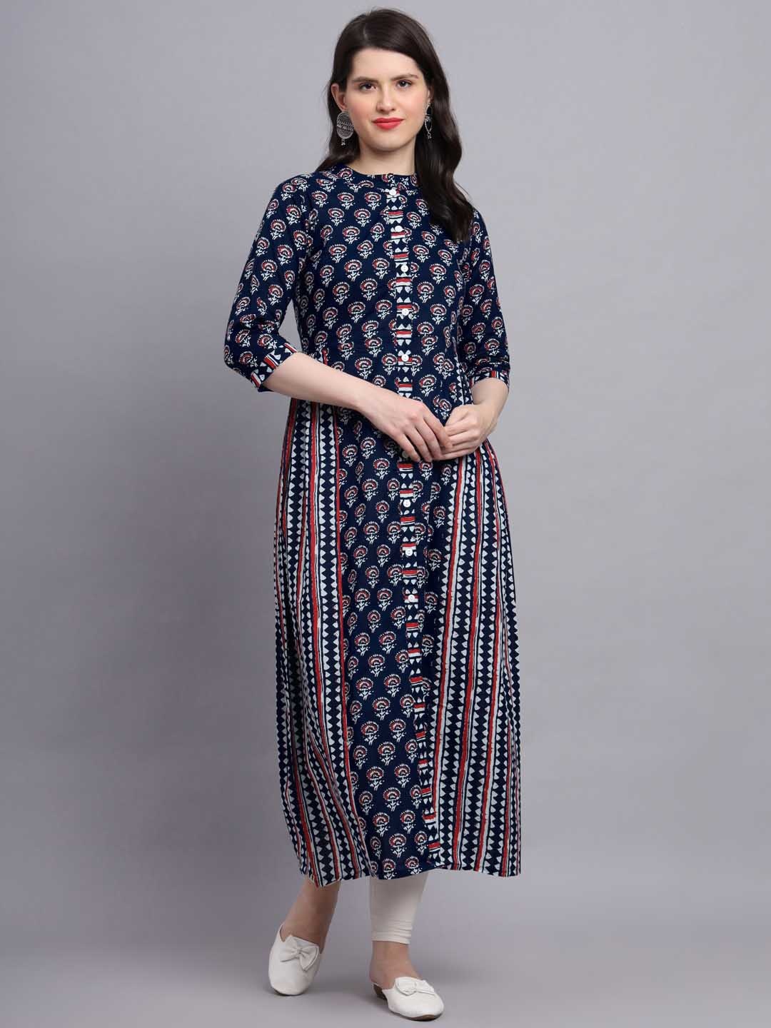 

SUBAGI FASHION Floral Printed Mandarin Collar Pure Cotton Anarkali Kurtas, Blue