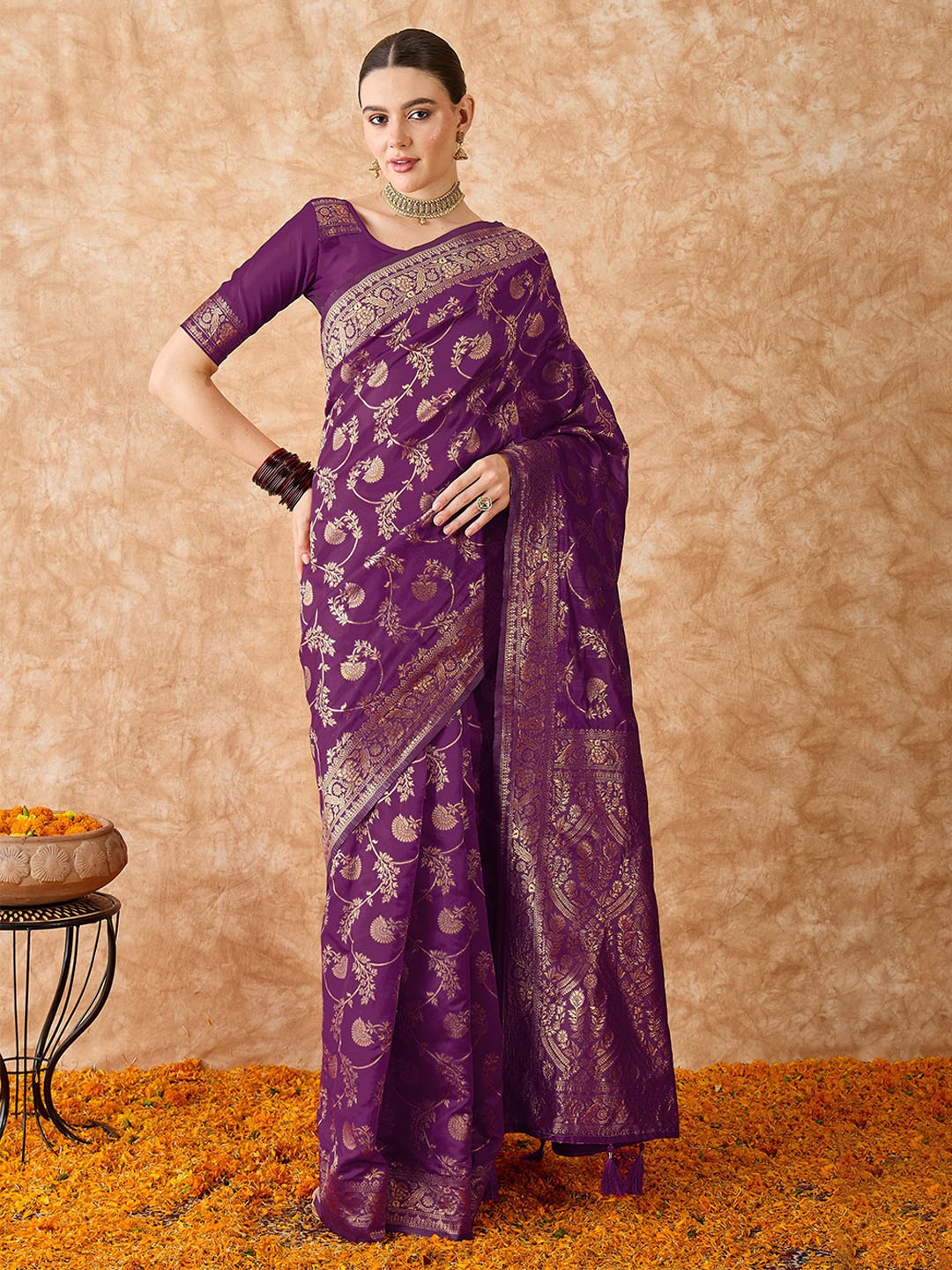 

MANVAA Woven Design Zari Silk Blend Banarasi Saree, Violet