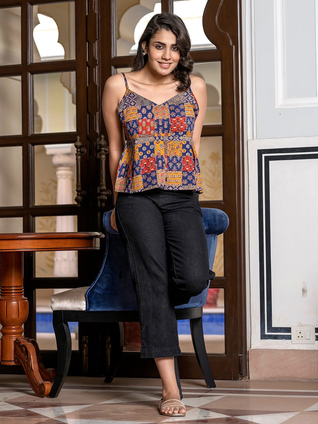 

BAESD Women Printed Shoulder Straps Cotton Peplum Top, Blue