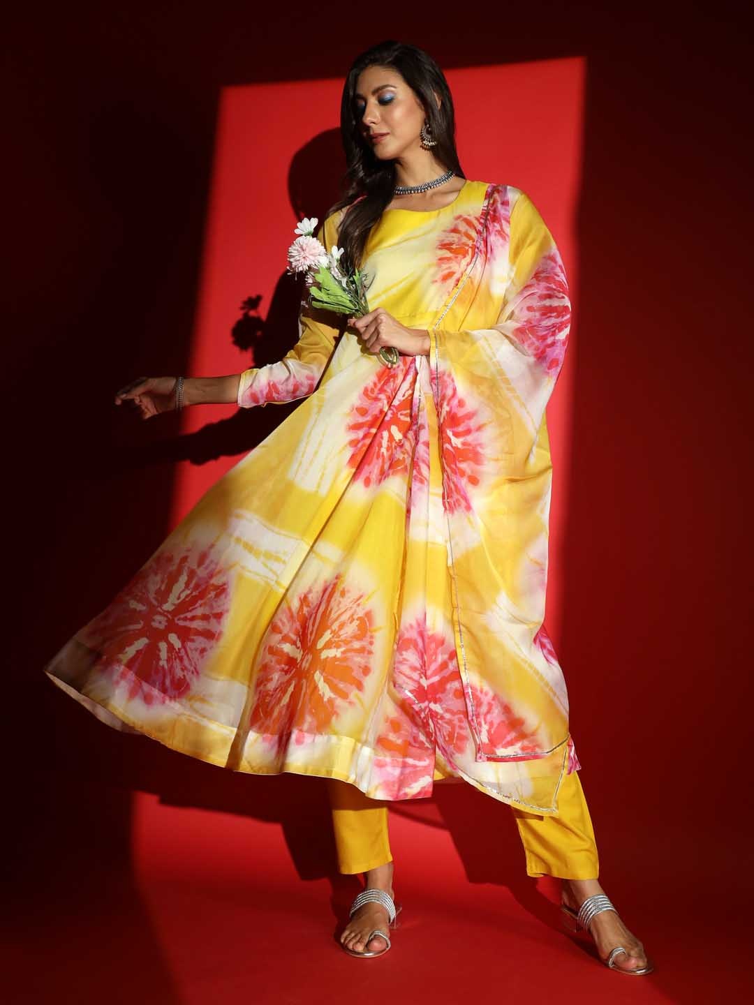 

S.K.C Abstract Printed Anarkali Kurta with Trousers & Dupatta, Yellow