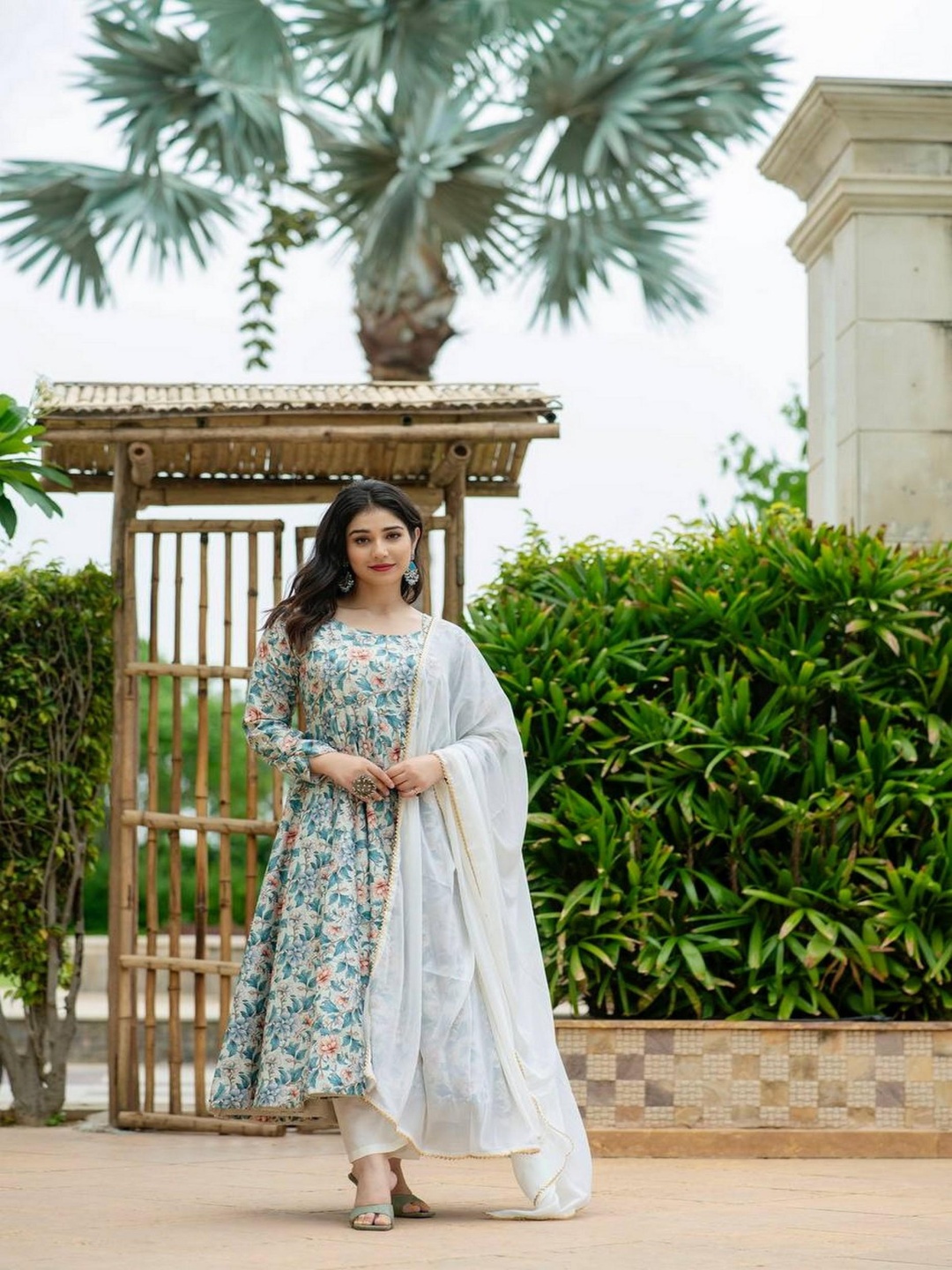 

mimi design Floral Printed Empire Anarkali Kurta With Trouser & Dupatta, White