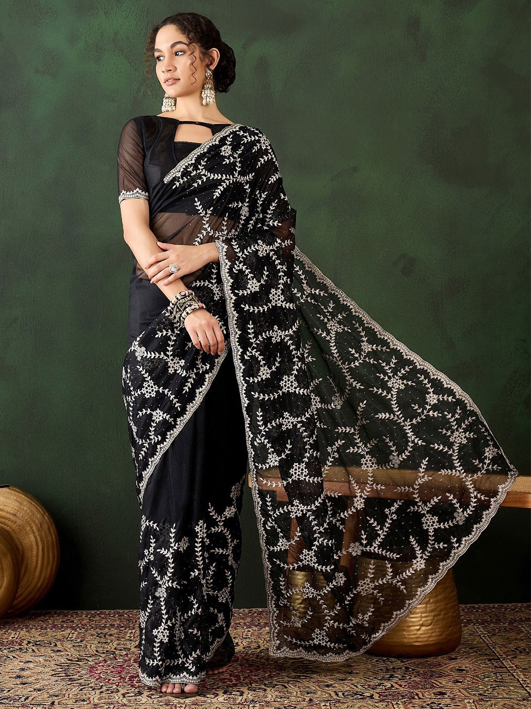 

Maroosh Ethnic Motifs Embroidered Saree, Black