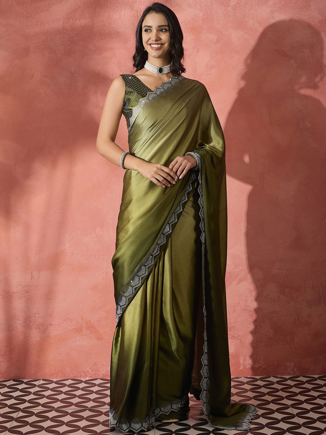 

Sangria Embellished Beads and Stones Satin Saree With Blouse Piece, Green