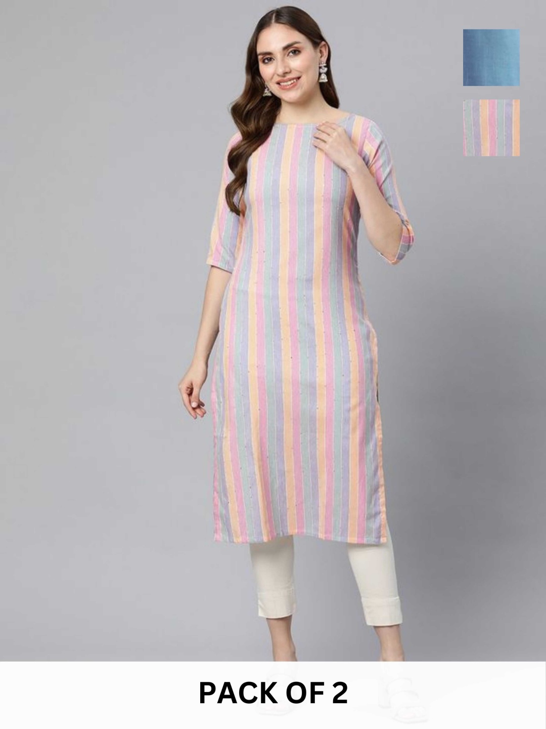 

KALINI Selection Of 2 Striped Round Neck Straight Kurtas, Pink